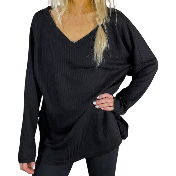 Lucky Mare Tops - LUCKY MARE Waffle Knit V-Neck Long-Sleeve Top